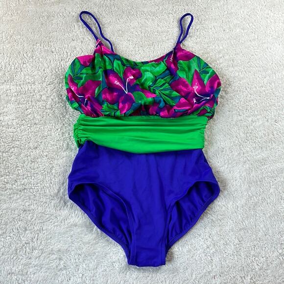 Vintage 80s Sirena made in USA blousy top one piece swim suit, size 14 - Picture 1 of 10
